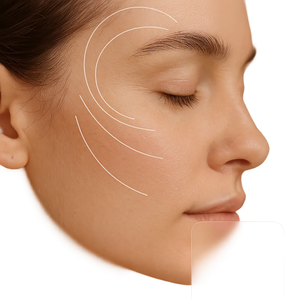 Close-up of a woman's face with smooth, glowing skin and white contour lines on her cheek, illustrating skincare or facial treatment benefits.