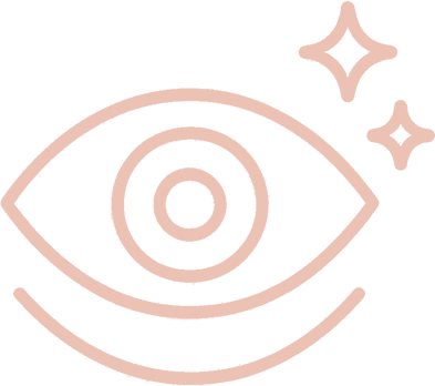 Outline icon of an eye with sparkles, symbolizing vision, clarity, or beauty, in a soft pink color.