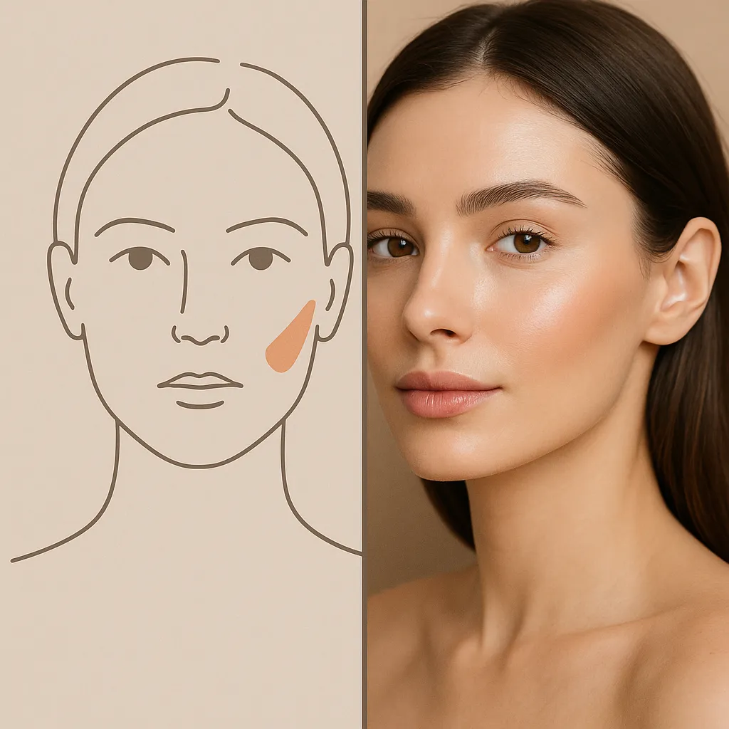 Split image showing diagram highlighting cheek filler injection site next to portrait of woman with contoured, volumized cheeks after dermal filler treatment