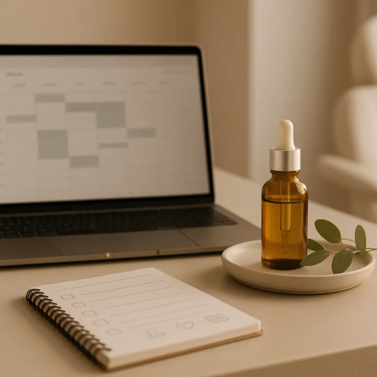 Amber glass dropper bottle on a plate beside a notebook checklist and open laptop, representing skincare planning and routine tracking
