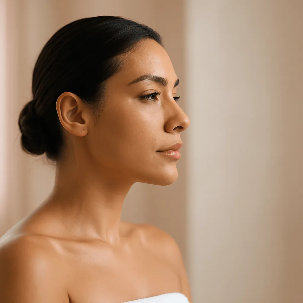 Woman with smooth skin and natural makeup in a side profile, wearing a white towel wrap, against a soft beige background.