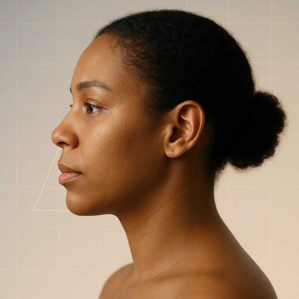 Side profile of a woman with natural skin and hair in a bun, overlaid with facial measurement lines, representing skin analysis and profile assessment