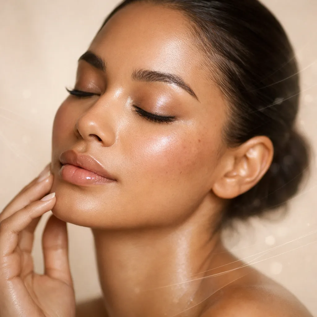 Close-up beauty portrait of a woman with glowing skin, eyes closed, and natural makeup against a soft neutral background