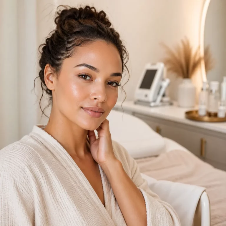 Close-up of a woman with glowing skin in a spa setting, wearing a robe and touching her neck, with skincare products and equipment blurred in the background