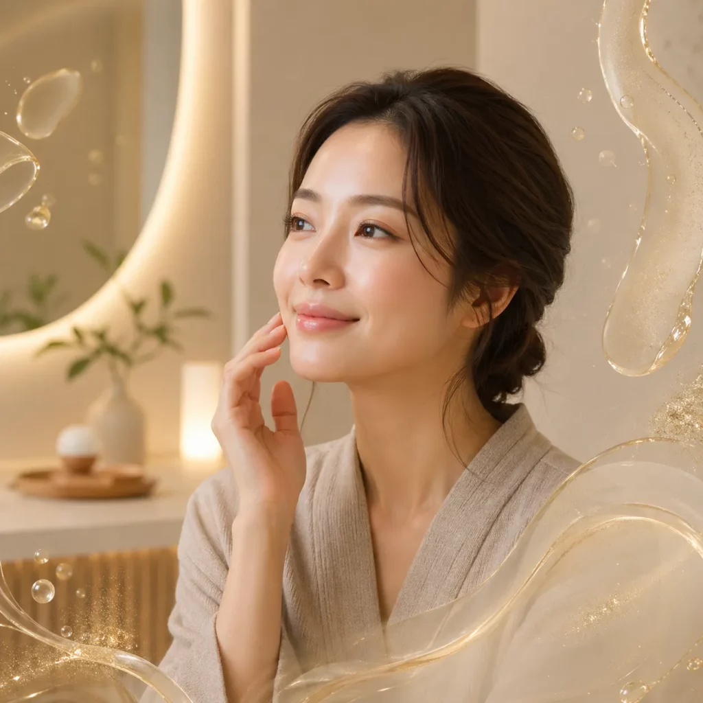 Close-up of a woman with radiant skin gently touching her face in a warm, spa-like setting with soft lighting and abstract skincare serum textures floating around