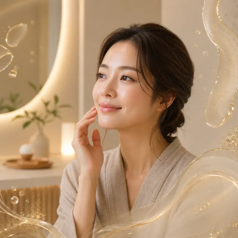Close-up of a woman with radiant skin gently touching her face in a warm, spa-like setting with soft lighting and abstract skincare serum textures floating around
