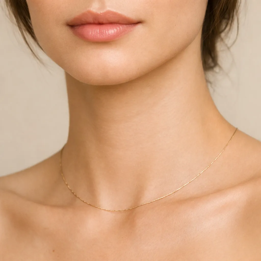 Close-up of a woman’s lips and neck with smooth skin, wearing a delicate gold necklace, minimalist beauty and skincare detail
