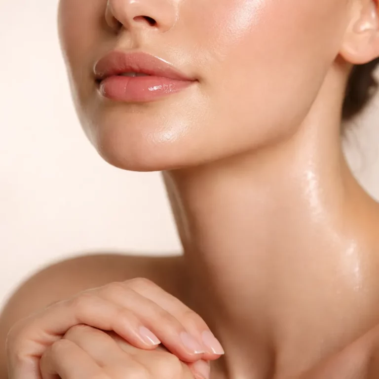 Close-up of a woman’s lips, jawline, and neck with dewy, glowing skin and manicured hands, luxury skincare and natural beauty concept