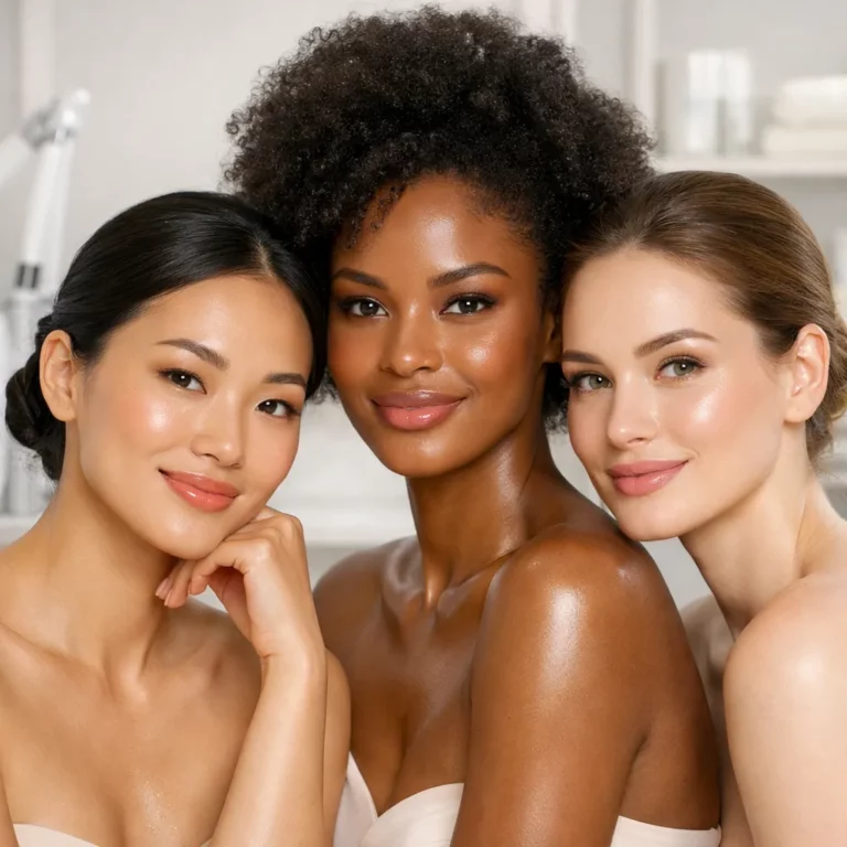Close-up of three diverse women with glowing skin and natural makeup, posing together in a clean spa setting to showcase skincare and beauty diversity