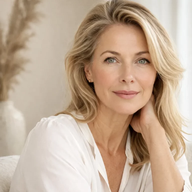 Close-up portrait of a mature blonde woman with natural makeup, wearing a white blouse, softly smiling with hand resting on her neck against a neutral background