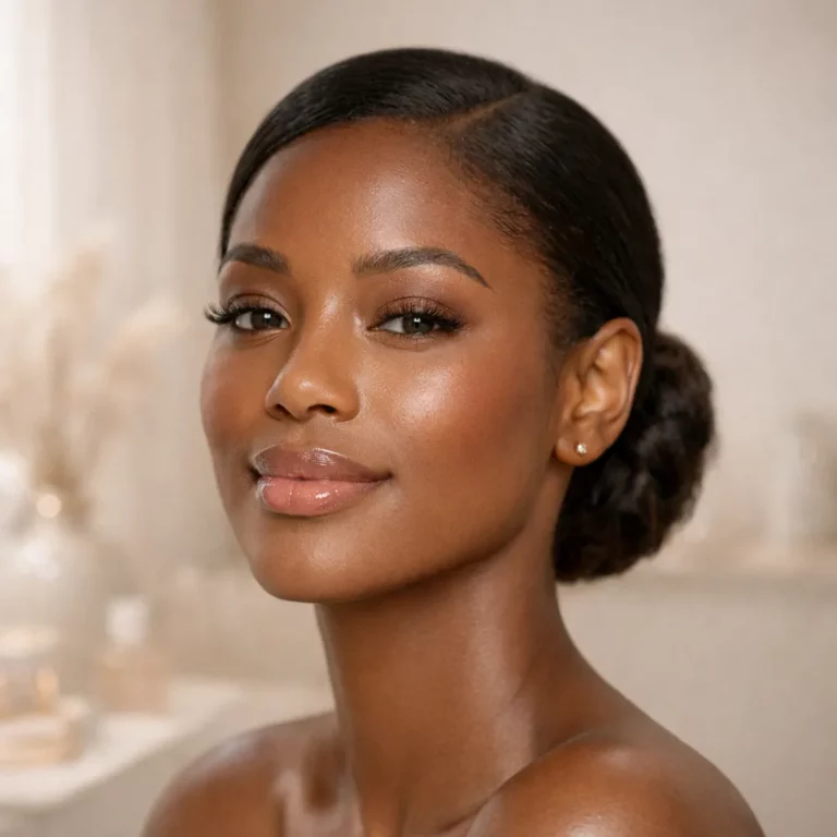 Close-up portrait of a woman with smooth glowing skin, natural makeup, and sleek low bun hairstyle against a soft neutral background