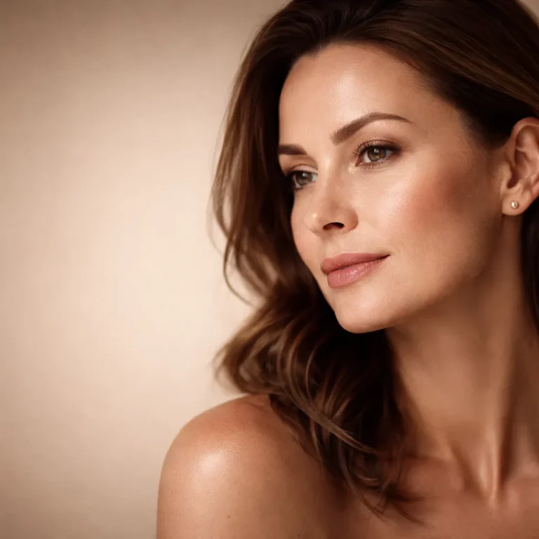 Close-up portrait of a woman with smooth glowing skin looking to the side against a soft neutral background, representing natural beauty and skincare results