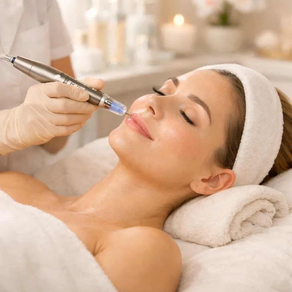 Cosmetic microneedling treatment on woman’s lips with dermapen device during spa facial procedure