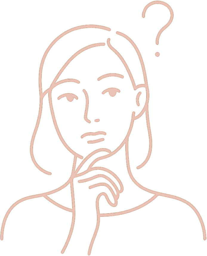 Line art illustration of a person with a questioning expression, hand on chin, and a large question mark above their head.