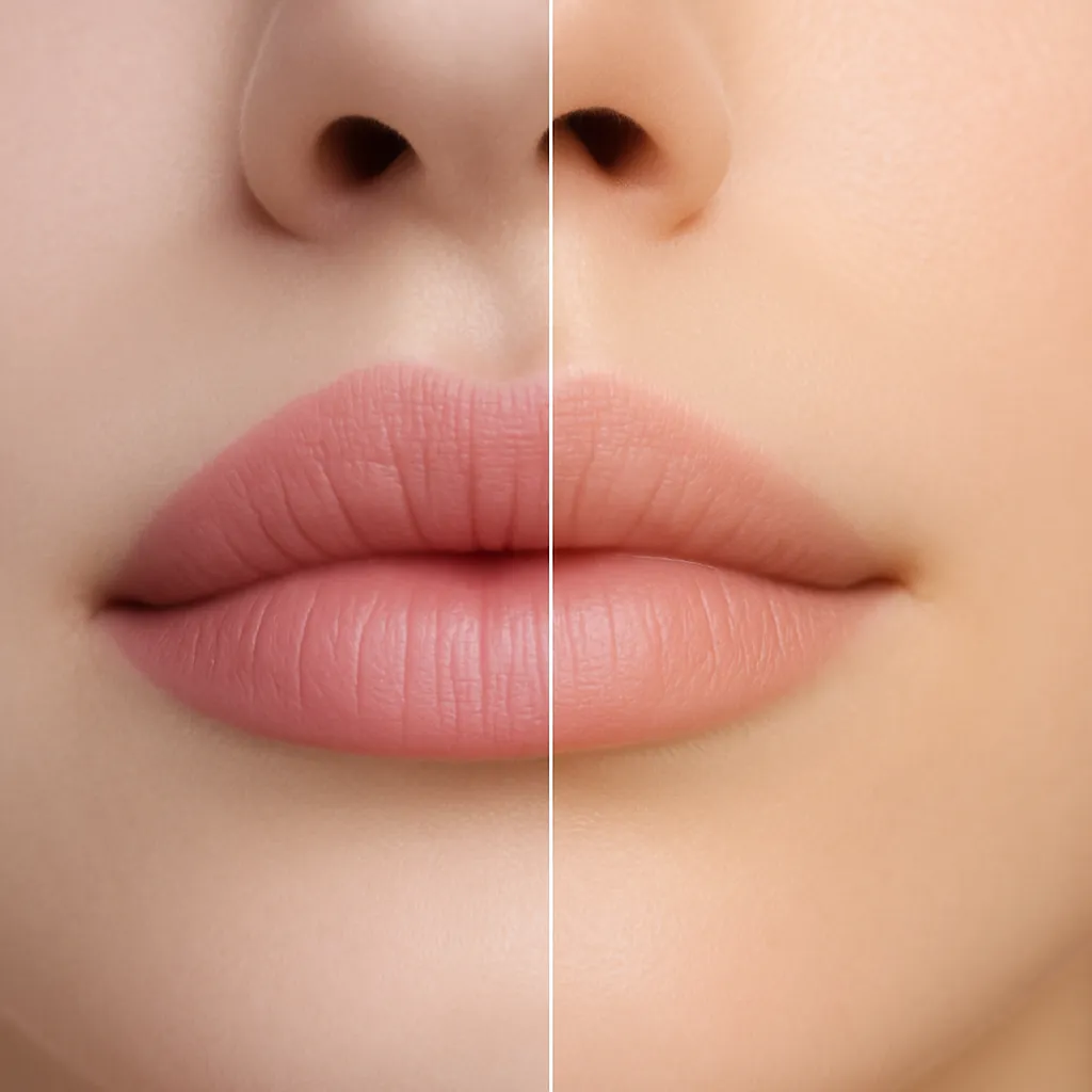 Close-up comparison of lips before and after dissolving lip filler, showing fuller lips on the left and more natural lips on the right.