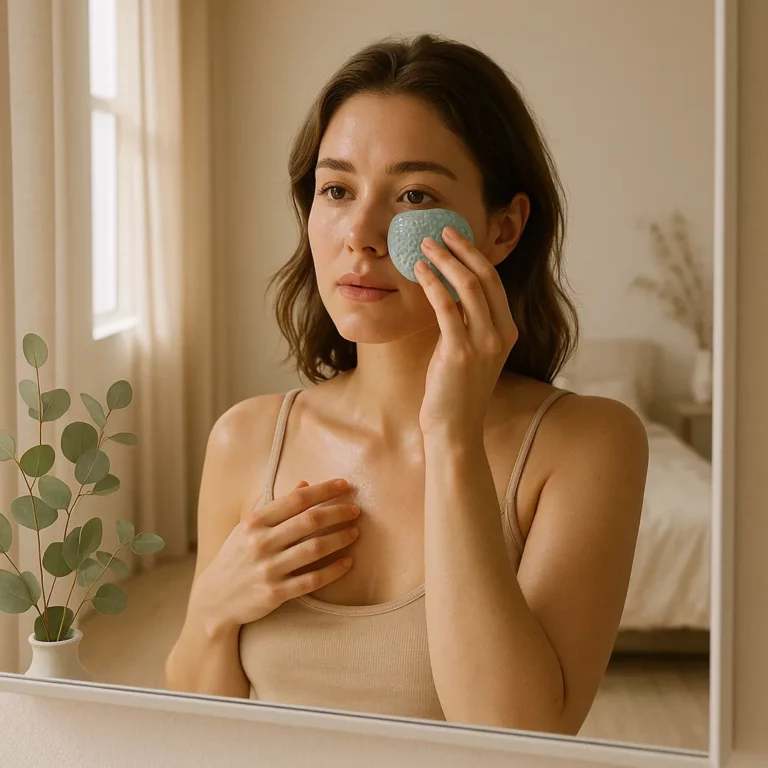 Woman in a beige tank top using a green facial cleansing pad while looking at herself in the mirror in a softly lit bedroom