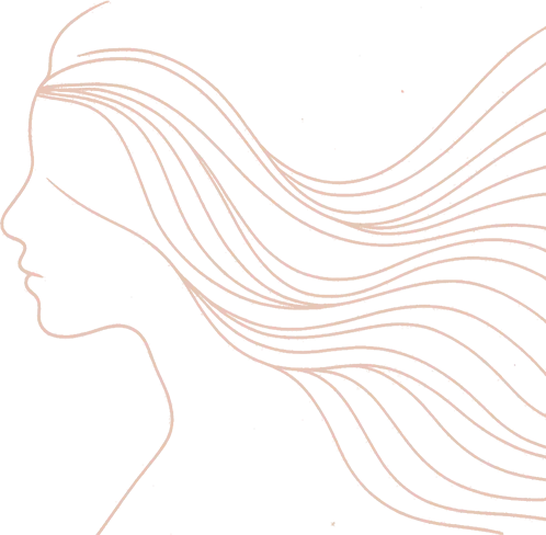 Pixelated silhouette of a woman in profile with long, flowing hair extending to the right on a transparent background.