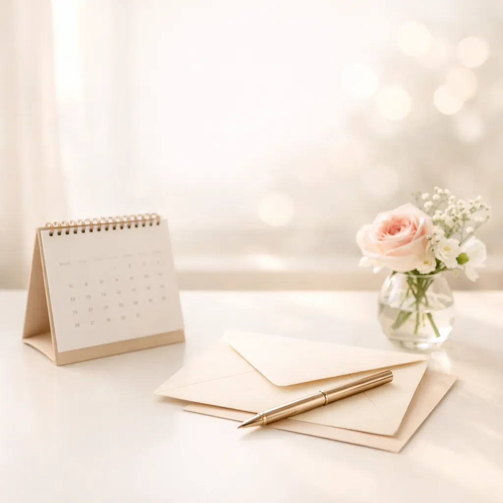 Minimalist desk scene with a small tabletop calendar, cream envelopes and gold pen, and a glass vase holding pale pink roses in soft natural light
