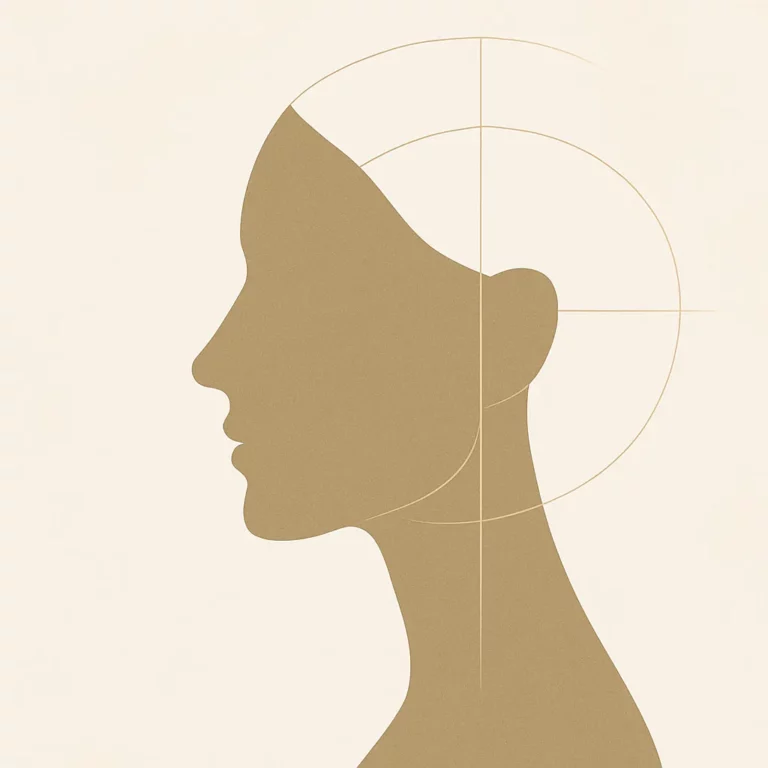 Minimalist illustration of a female face in profile with golden ratio lines, representing facial symmetry and aesthetic balance.