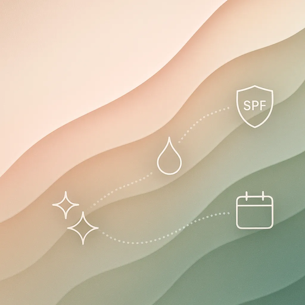 Abstract skincare concept with pastel gradient layers and minimalist line icons of sparkles, water droplet, SPF shield, and calendar representing skincare routine steps.