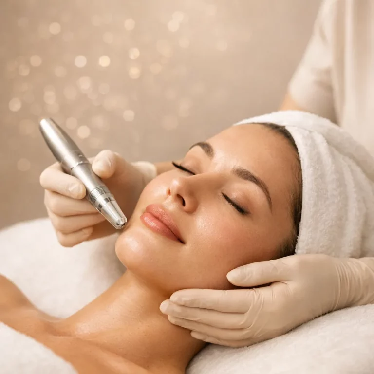 Woman receiving a professional facial skin treatment with a cosmetic device at a spa, eyes closed and wearing a towel headband, representing advanced skincare therapy