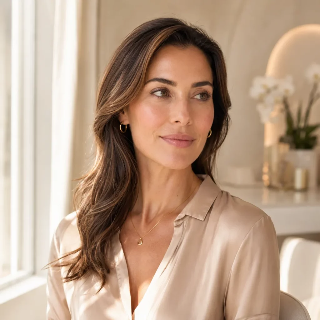 Elegant woman with radiant skin in a softly lit luxury spa or skincare clinic setting