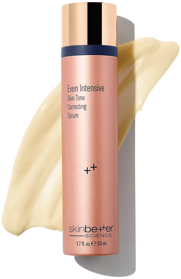 Skinbetter Science Even Intensive Skin Tone Correcting Serum bottle with cream swatch in background