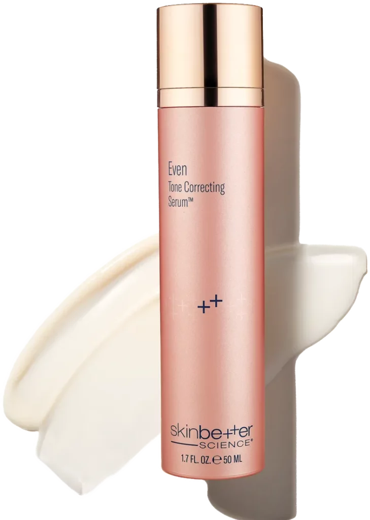 Skinbetter Science Even Tone Correcting Serum bottle with cream swatch in background