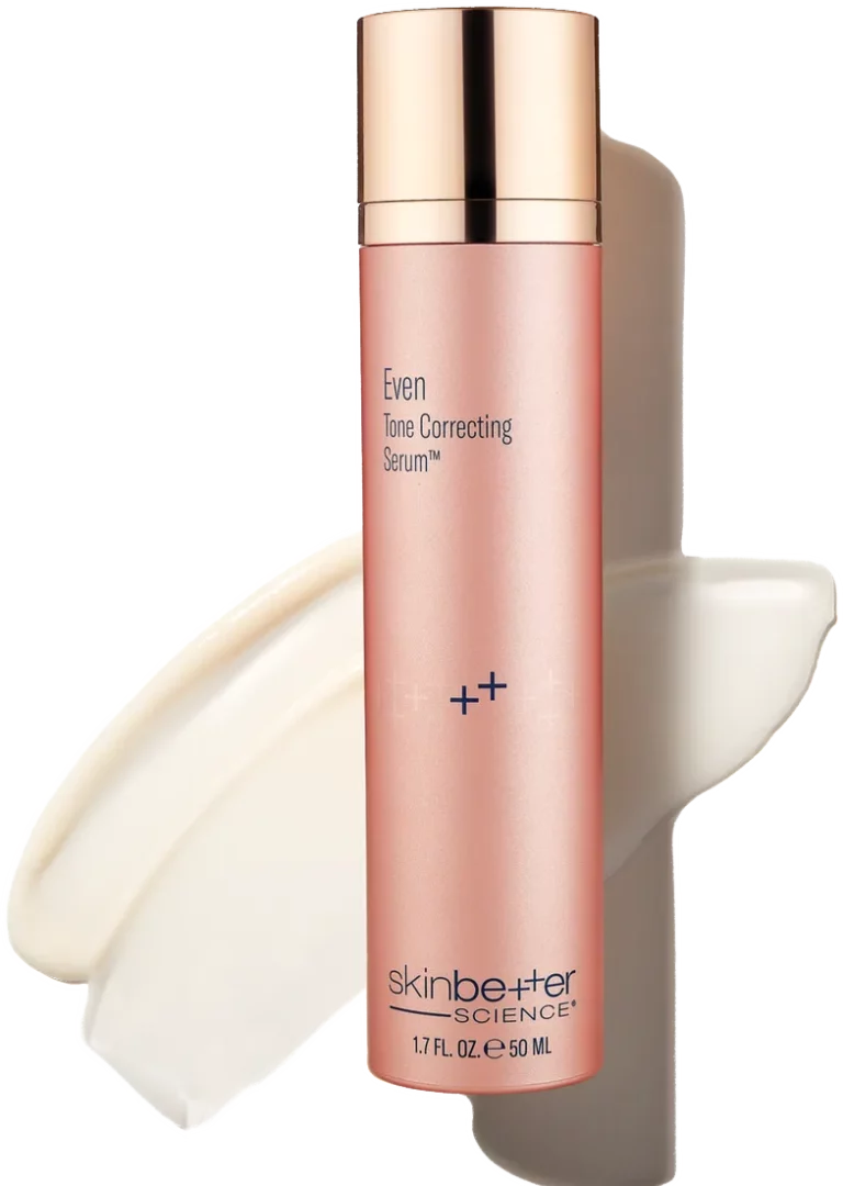 Skinbetter Science Even Tone Correcting Serum bottle with cream swatch in background
