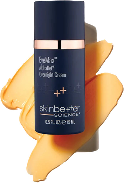Skinbetter Science EyeMax AlphaRet Overnight Cream bottle with orange cream swatch in background
