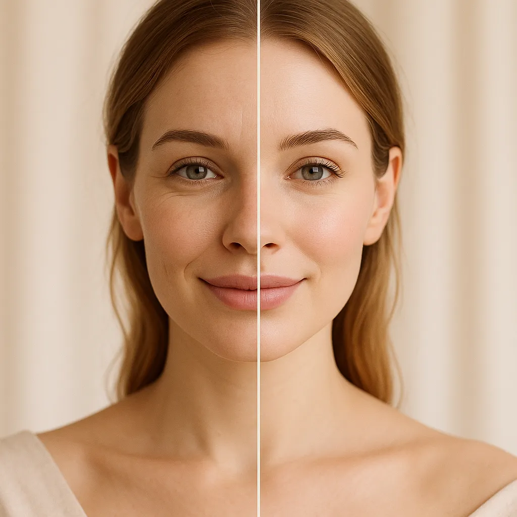 Split-face before and after comparison of facial balancing dermal filler treatment on smiling woman, illustrating smoother skin, enhanced symmetry and subtle rejuvenation