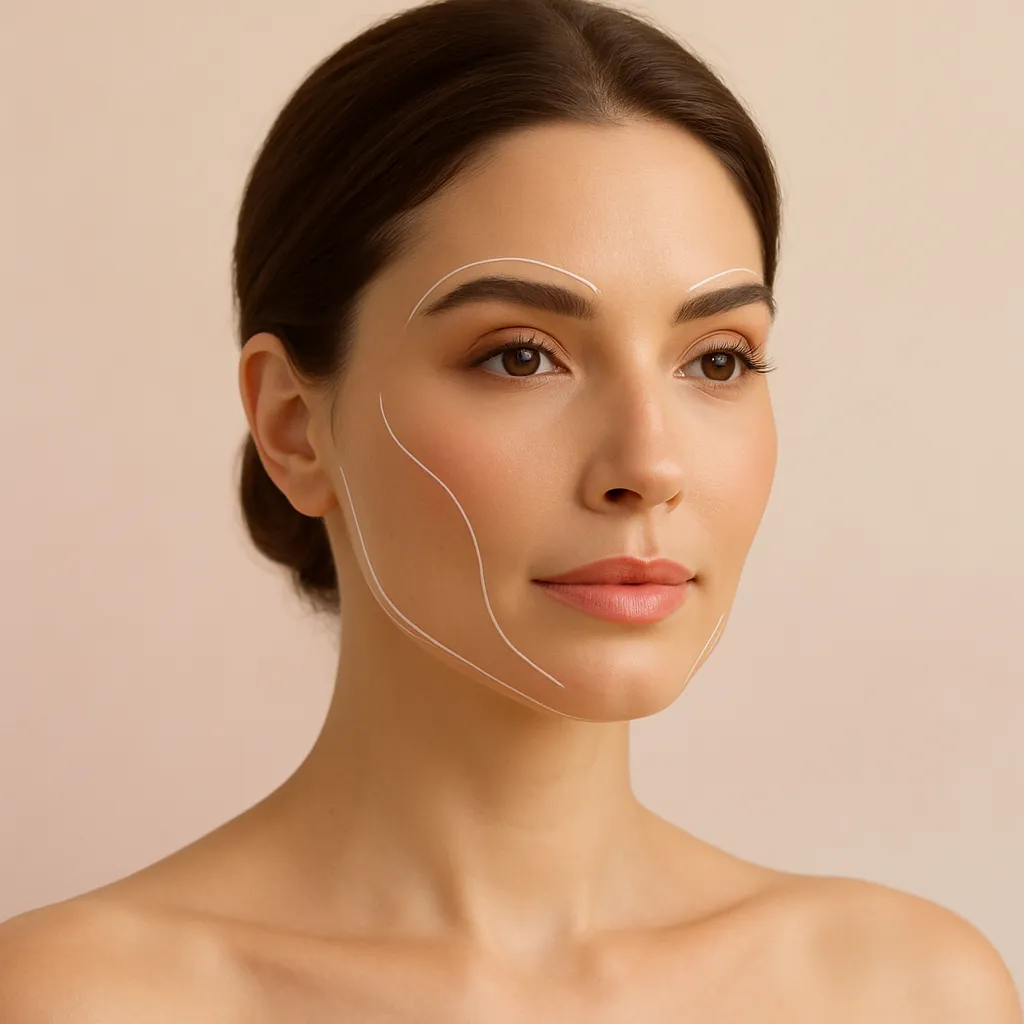 Close-up of woman with subtle makeup and white contour lines illustrating facial balancing dermal filler treatment concept