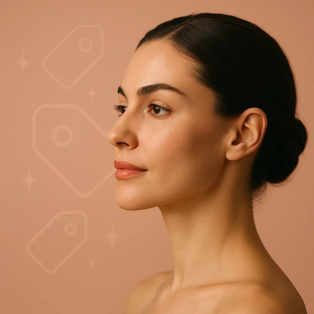 Profile view of woman with smooth skin and bun against peach background featuring faint price tag icons, symbolizing facial balancing treatment cost