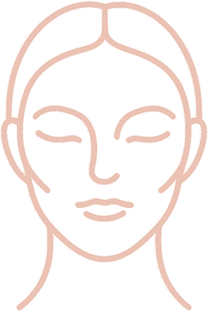 Minimalist pink line drawing of a woman's face with closed eyes, representing skincare, beauty, or relaxation.