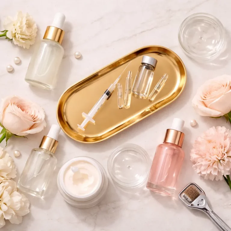 Flat lay of luxury skincare products with serum bottles, syringe and vials on a gold tray, surrounded by soft pink flowers on a marble background