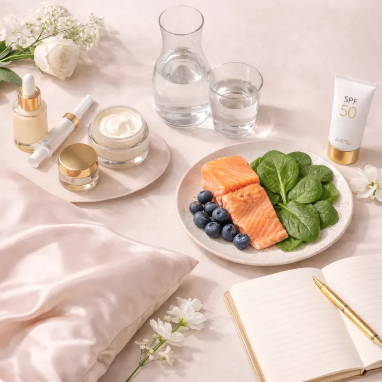 Flat lay of skincare products, healthy foods like salmon, spinach, and blueberries, SPF 50 sunscreen, and water on a soft neutral background representing beauty and wellness routine