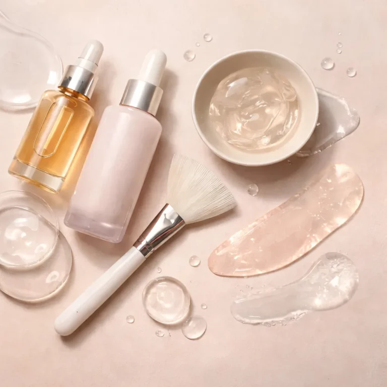Flat lay of skincare products including serum bottles, gel cream, facial brush, and rose quartz gua sha on soft pink background