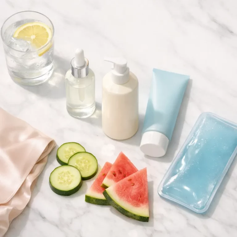 Flat lay of skincare products with serum dropper, lotion pump bottle, blue cleanser tube and gel ice pack, lemon water, cucumber slices and watermelon on marble background