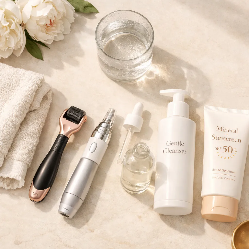 Flat lay of skincare routine products including derma roller, facial device, serum dropper, gentle cleanser, mineral sunscreen SPF 50, glass of water, towel and white flowers on beige background