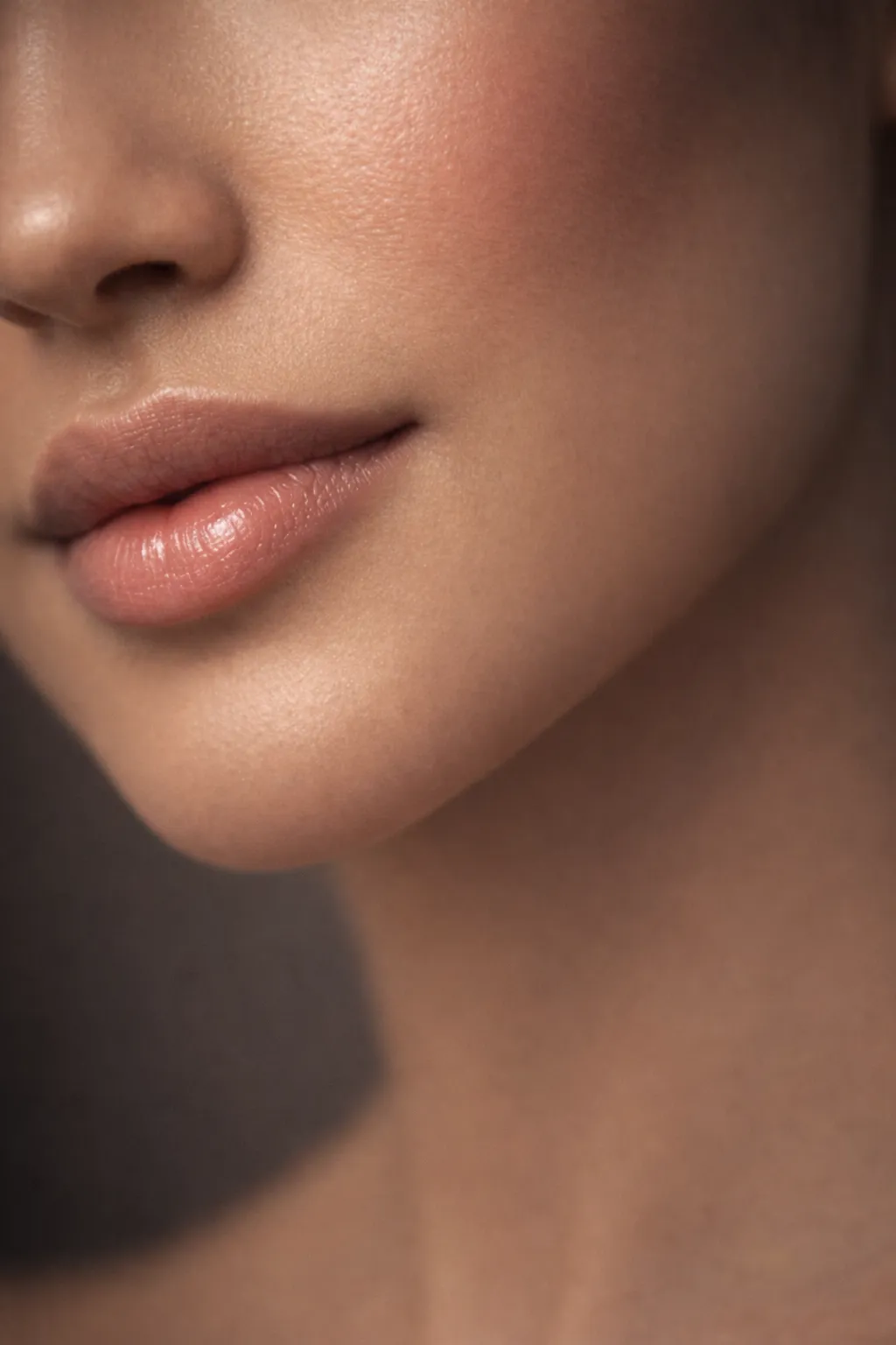Close-up of a woman’s lower face showing smooth skin, natural makeup, and soft pink lips