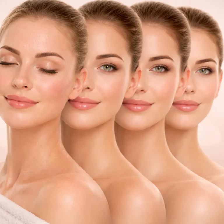 Four views of a woman’s face showing smooth glowing skin and skincare results progression on neutral background