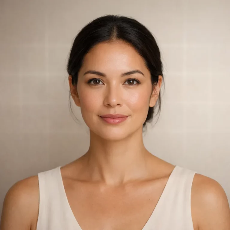 Front-facing portrait of a woman with smooth, natural makeup and glowing skin, wearing a sleeveless top against a soft, neutral background
