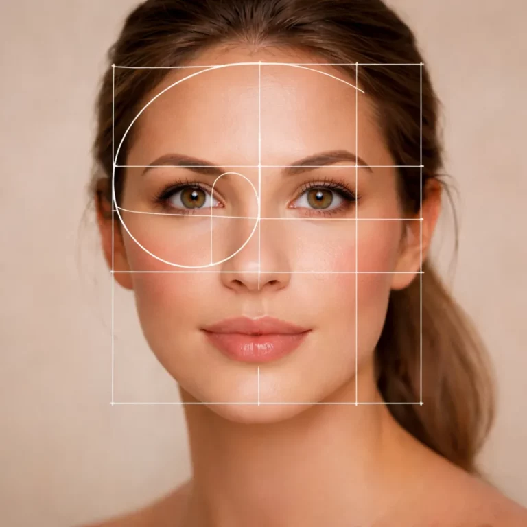Front-facing portrait of a woman with symmetrical facial features overlaid with golden ratio and facial proportion grid lines for beauty analysis