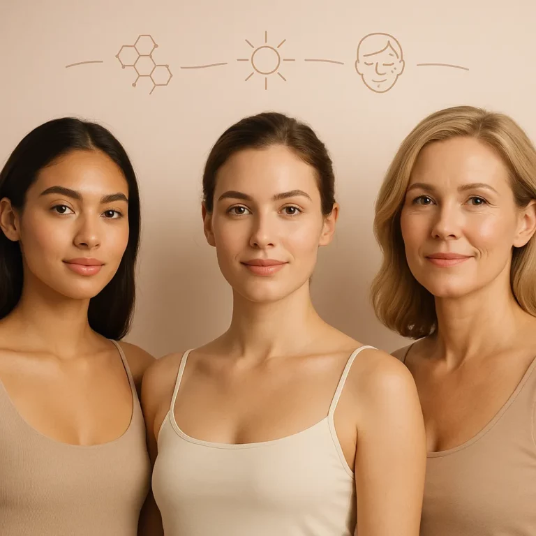 Three women of different ages standing together in neutral-toned tops with skincare-related icons above them representing ingredients, sun protection, and aging prevention
