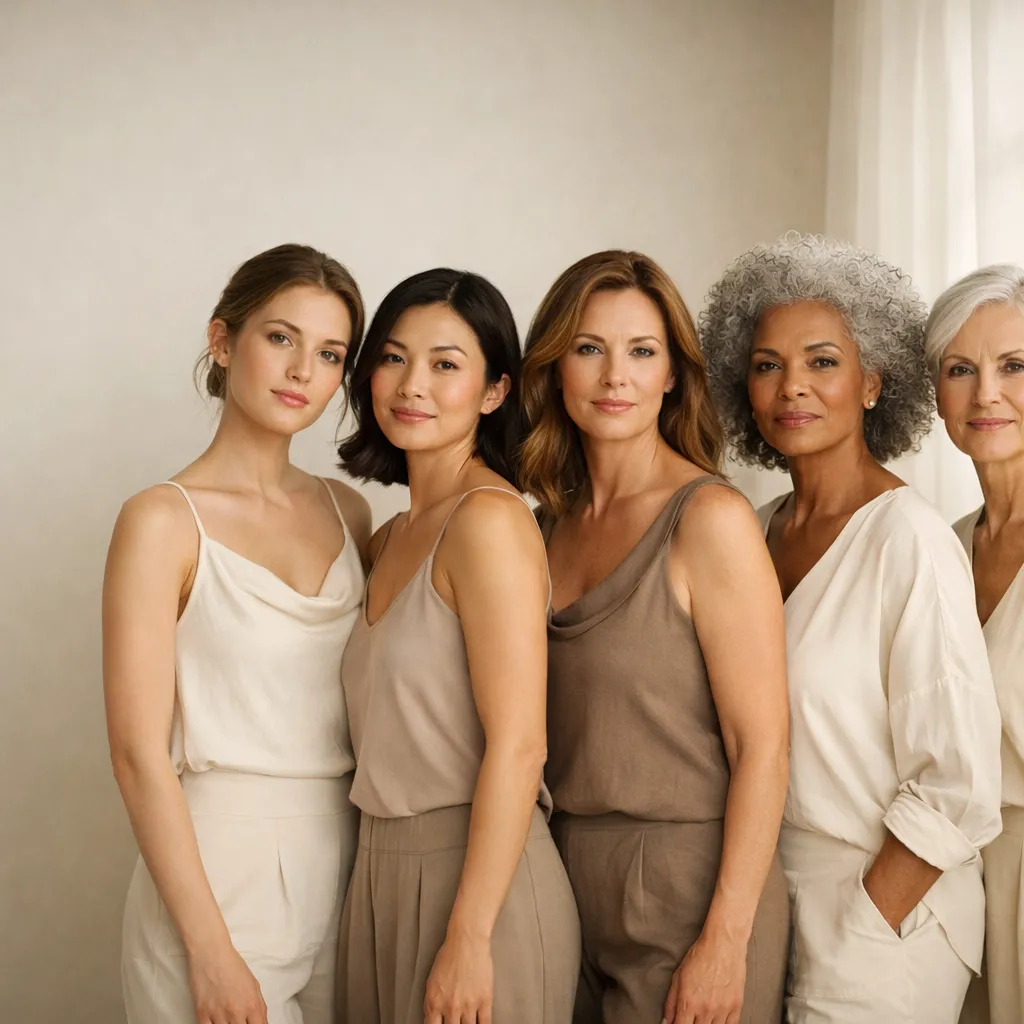 Group of diverse women of different ages standing together in neutral-toned outfits, representing inclusive beauty and natural skincare across generations