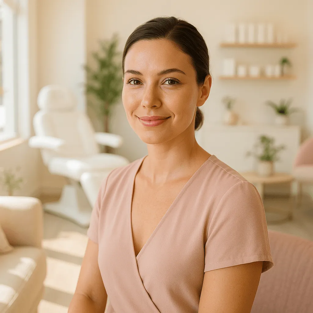 Smiling female Botox specialist in pastel scrubs seated in a bright, modern aesthetic clinic, illustrating an article on how long Botox results last