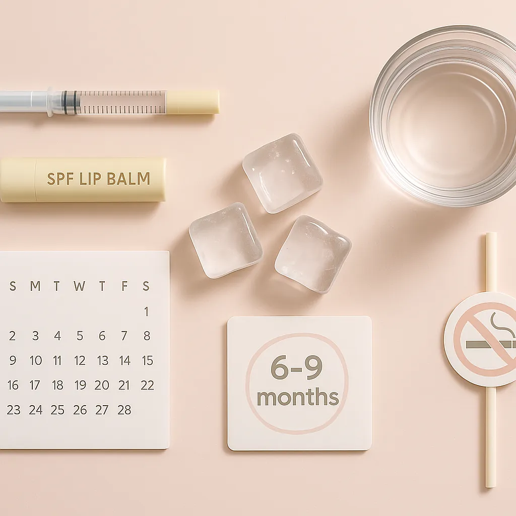 Flat lay of lip filler aftercare essentials including SPF lip balm, syringe, ice cubes, water, no smoking sign, calendar, and a card showing filler longevity of 6–9 months.