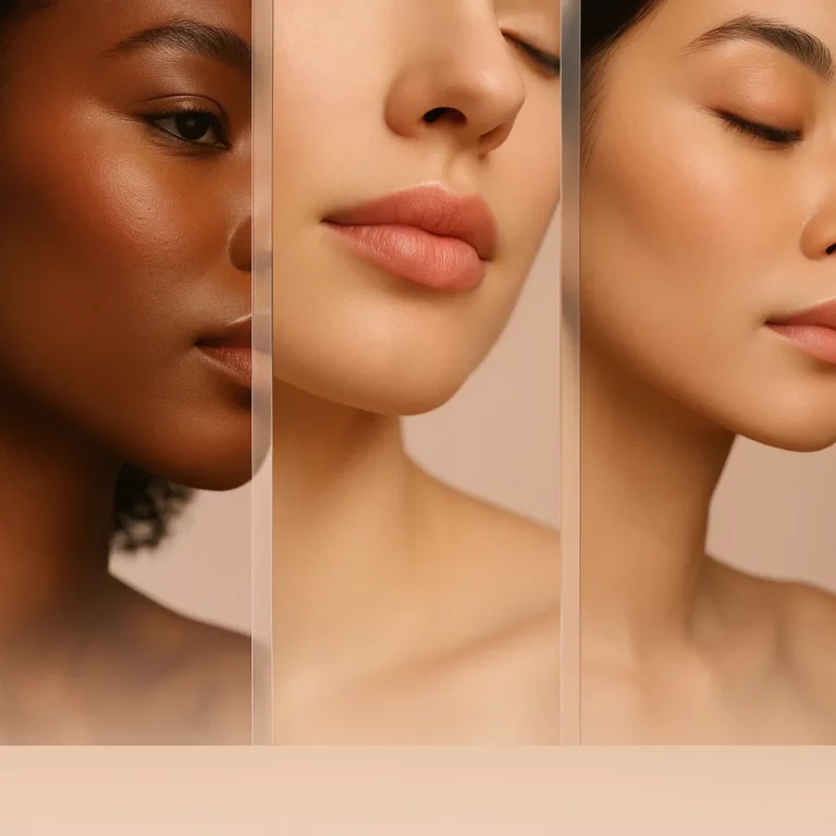 Close-up of three women with different skin tones and smooth, glowing complexions, showcasing diversity in beauty and skincare.