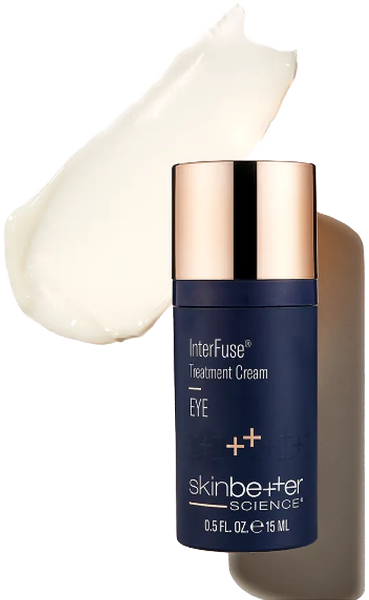 Skinbetter Science InterFuse Treatment Cream Eye bottle with cream swatch in background
