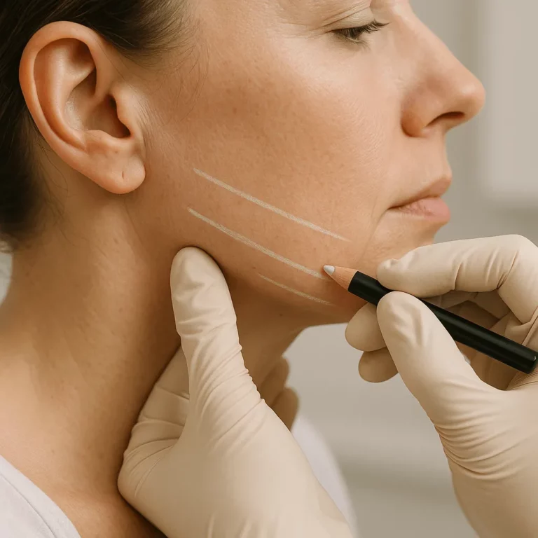 Aesthetic practitioner drawing guide lines on a woman's lower cheek and jawline with a white pencil before a cosmetic contouring procedure.